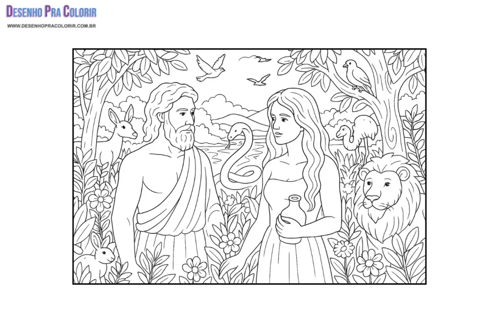 Desenhos Bíblicos Para Colorir Jardim do Éden Adão e Eva